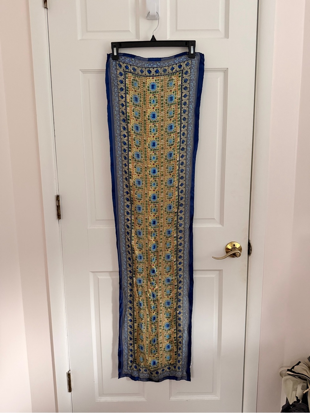 100% Silk Blue and Gold Patterned Long Scarf